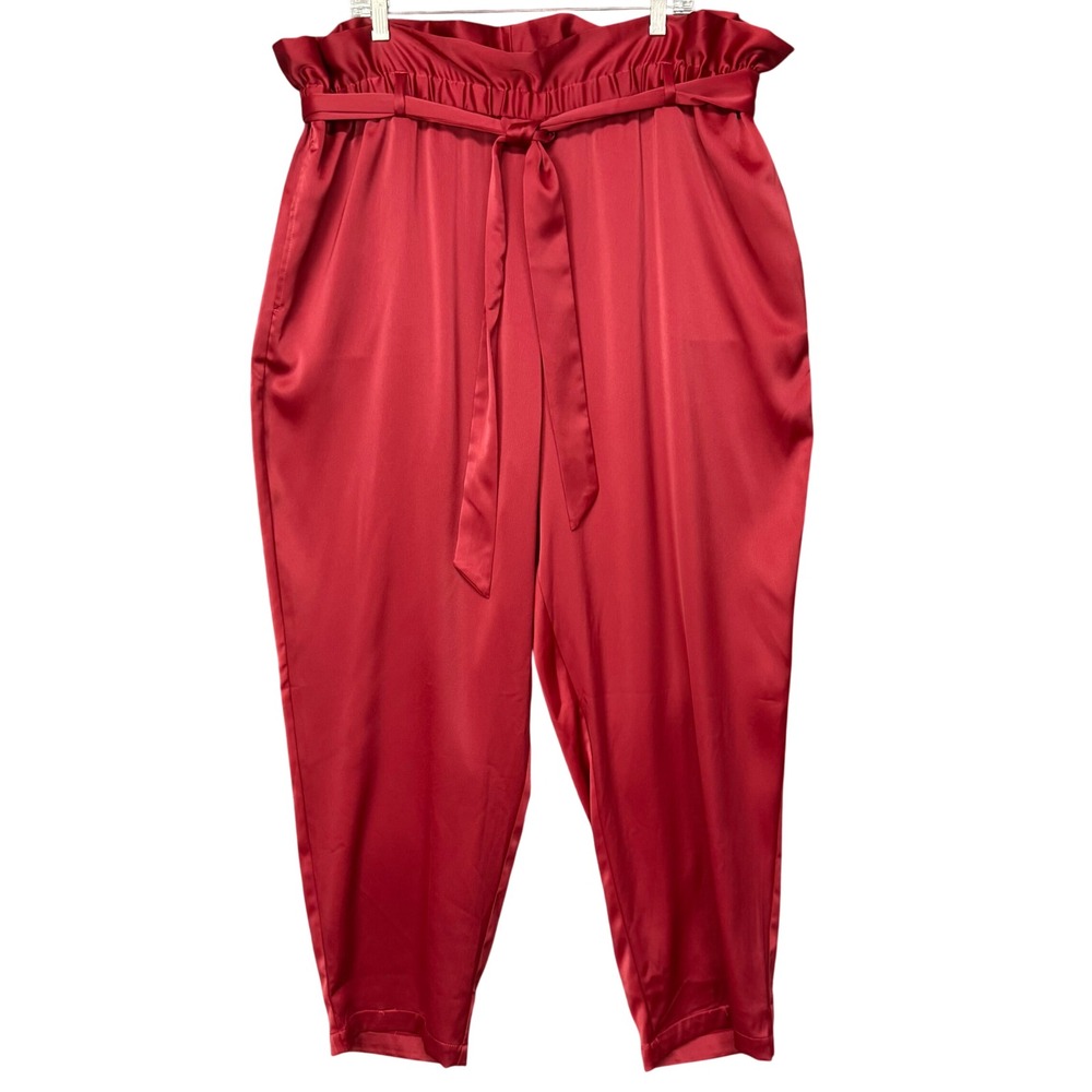 ELOQUII Tapered Pants Womens 20 Red Satin Paperbag Waist Tie Holiday Party NWT